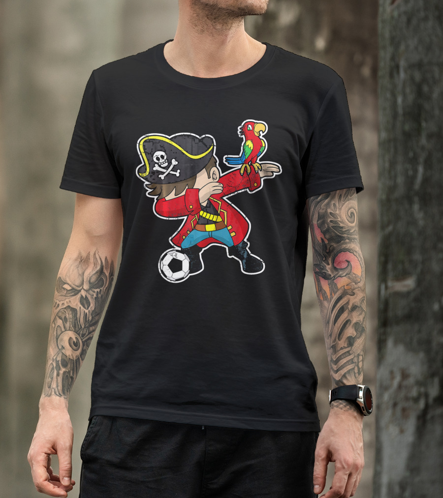 Dabbing Soccer Pirate With Parrot And Skull Hat T-Shirt