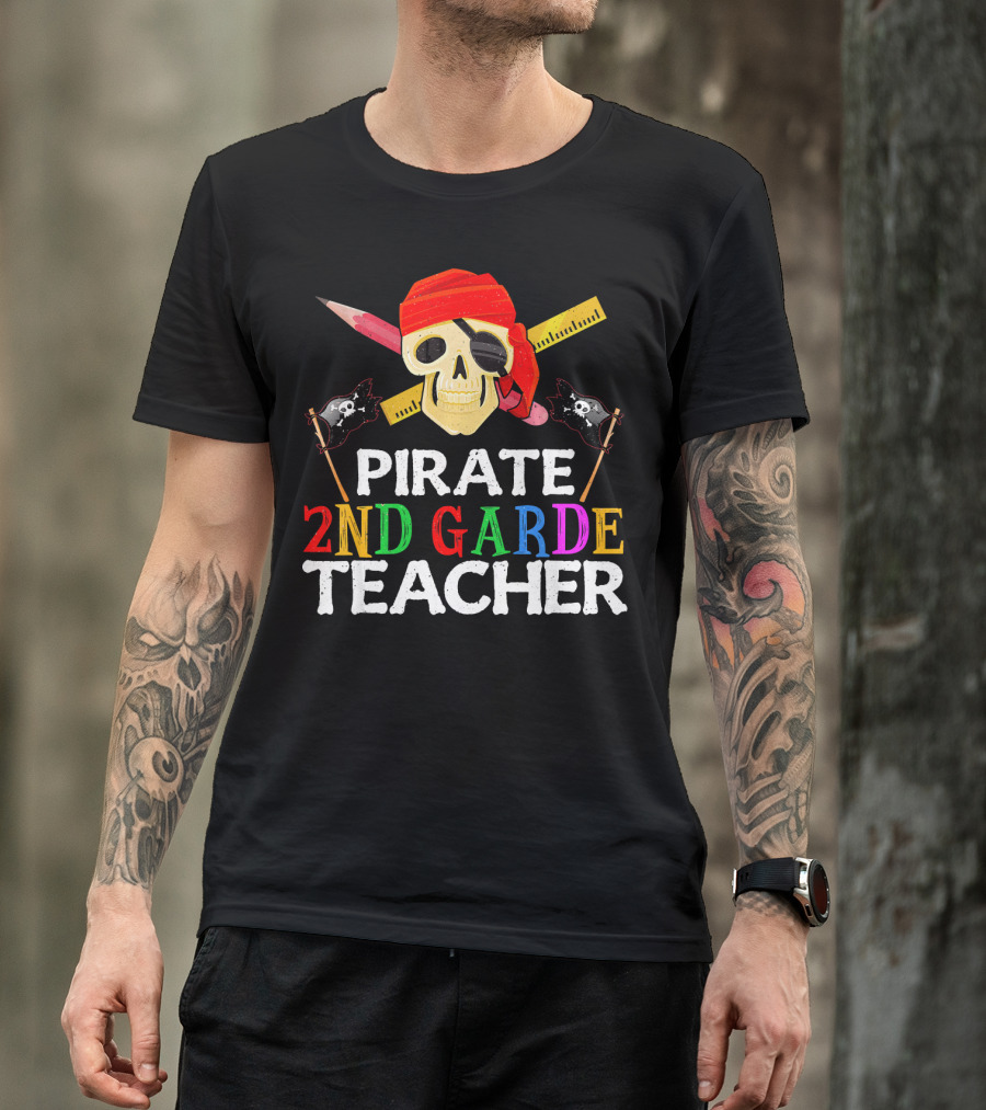 Pirate 2nd Grade Teacher Skull Ruler Swords Red Bandana T-Shirt