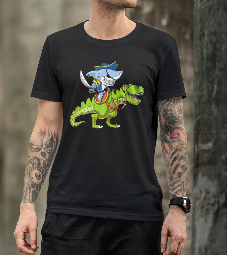 Shark Pirate On T-Rex Dinosaur T-Shirt