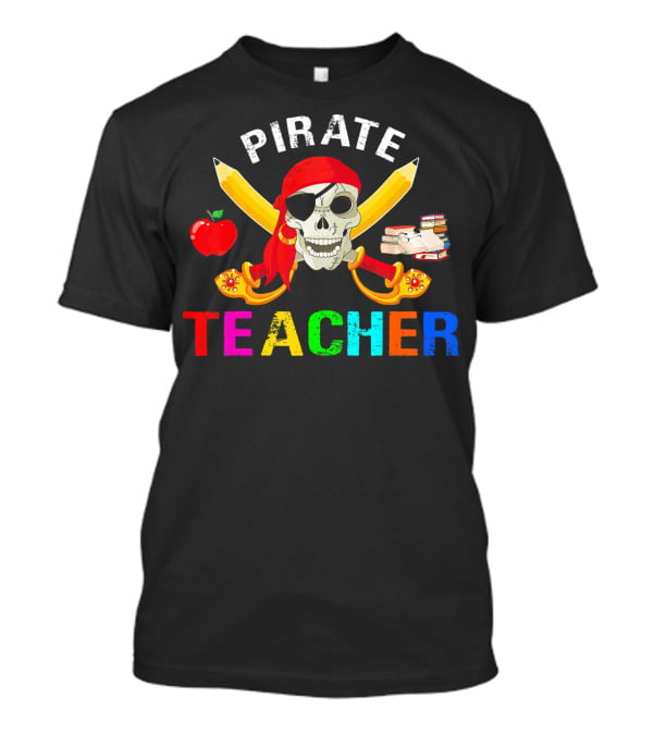 Pirate Teacher Skull Apple Books Halloween T-Shirt