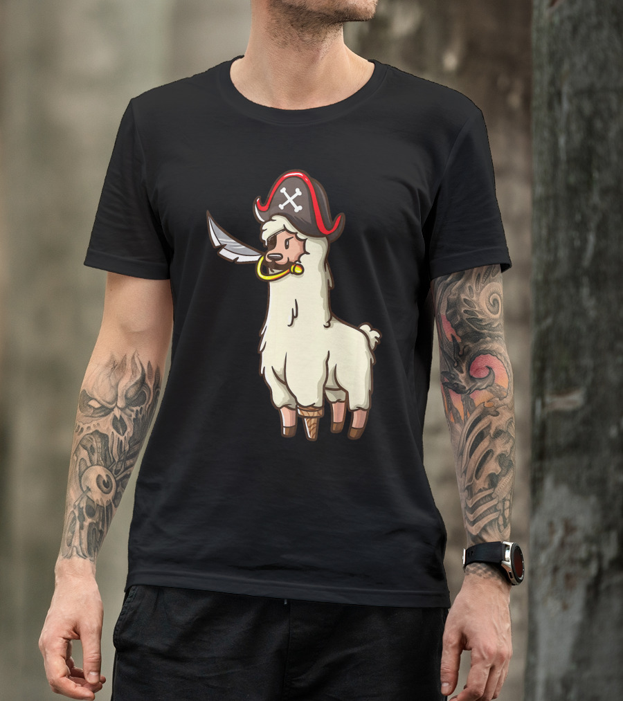 Pirate Llama With Hat And Sword Halloween Party T-Shirt