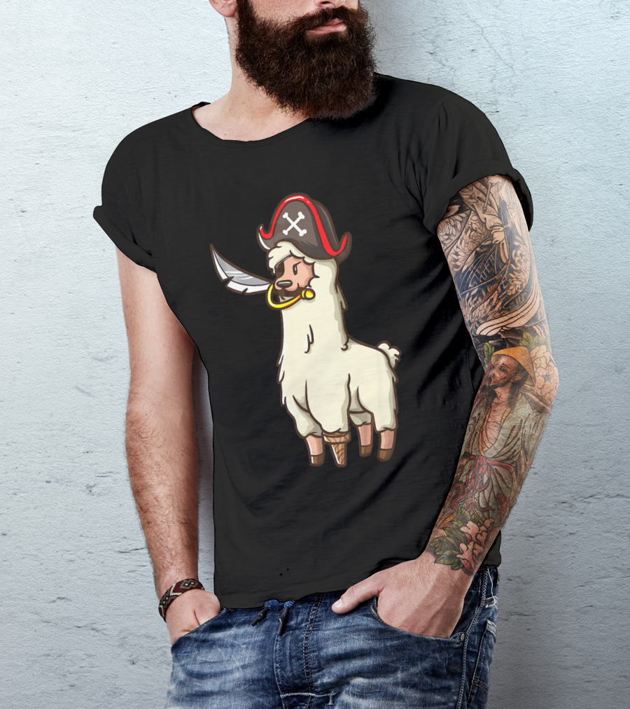 Pirate Llama With Hat And Sword Halloween Party T-Shirt