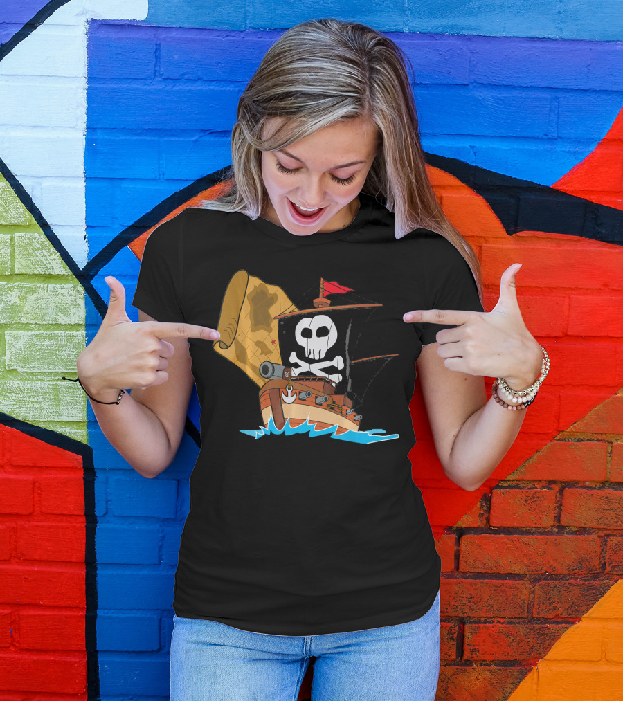 Pirate Ship With Jolly Roger And Treasure Map T-Shirt