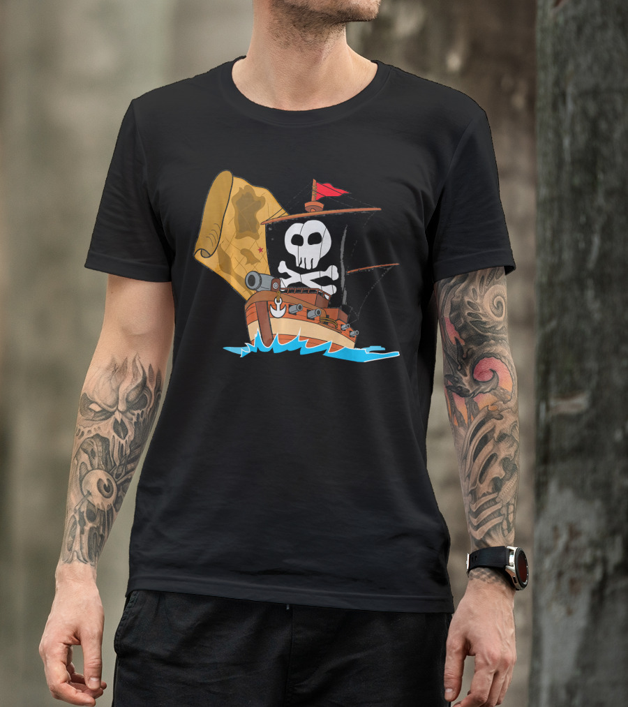 Pirate Ship With Jolly Roger And Treasure Map T-Shirt