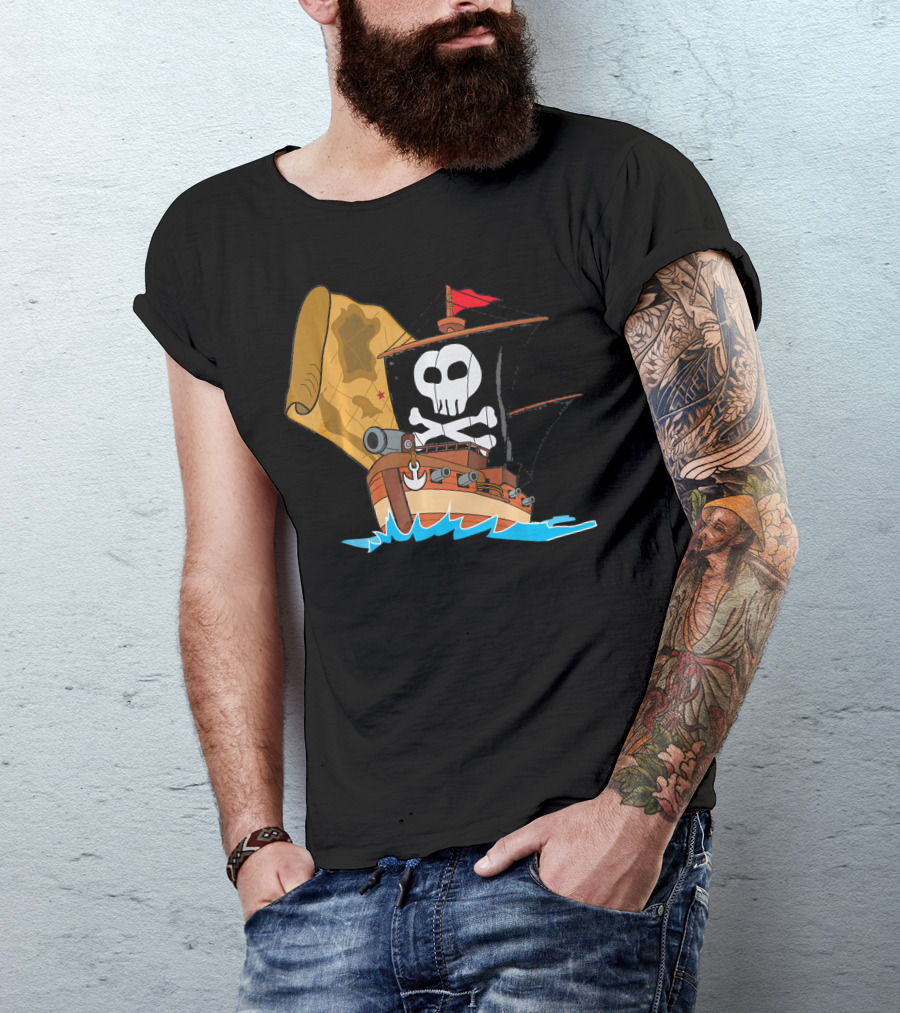 Pirate Ship With Jolly Roger And Treasure Map T-Shirt
