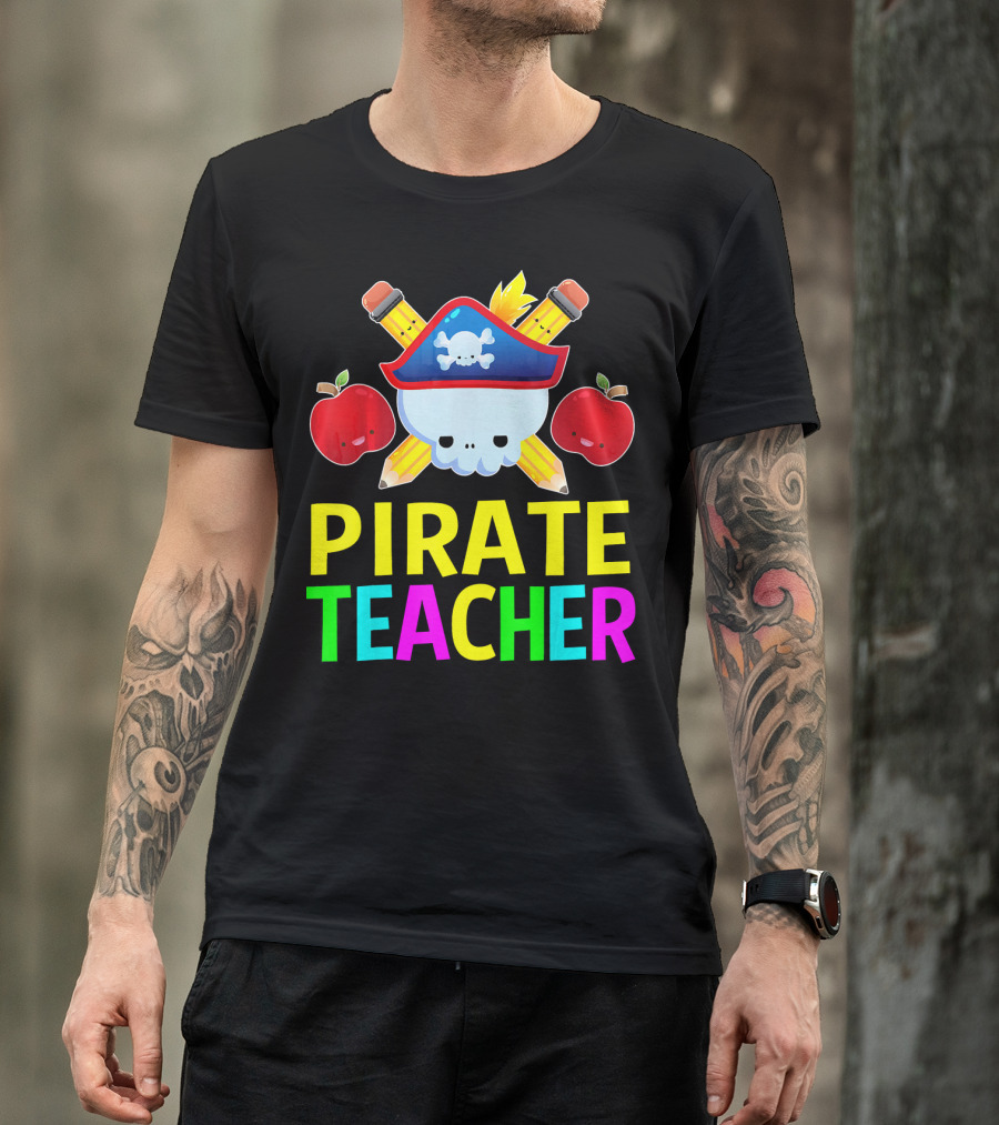 Pirate Teacher Halloween Costume Skull Pencils Apples T-Shirt