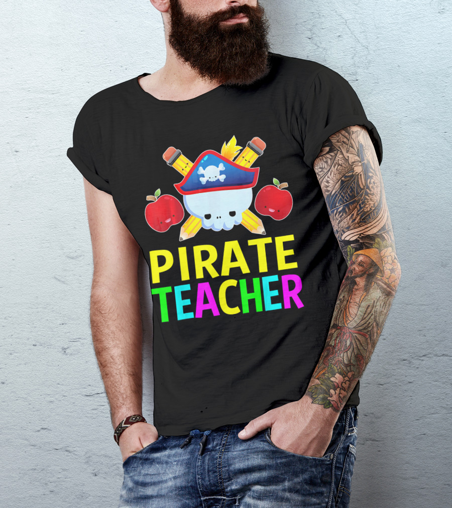 Pirate Teacher Halloween Costume Skull Pencils Apples T-Shirt