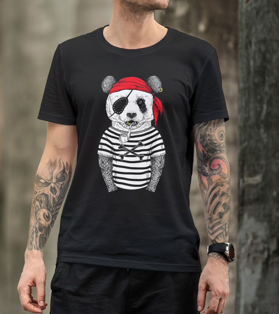 Panda Bear Pirate Wearing Striped Shirt With Red Bandana And Eye Patch T-Shirt