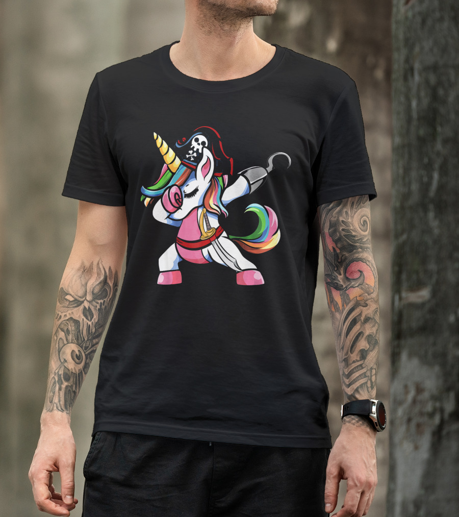 Halloween Dabbing Pirate Unicorn With Rainbow Mane And Hook T-Shirt