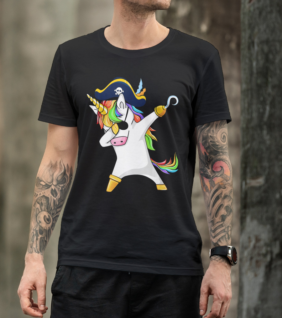 Funny Dabbing Unicorn Pirate With Rainbow Hair And Skull Hat T-Shirt
