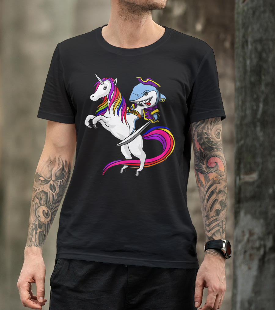 Shark Pirate Riding Rainbow Unicorn Magical Adventure T-Shirt