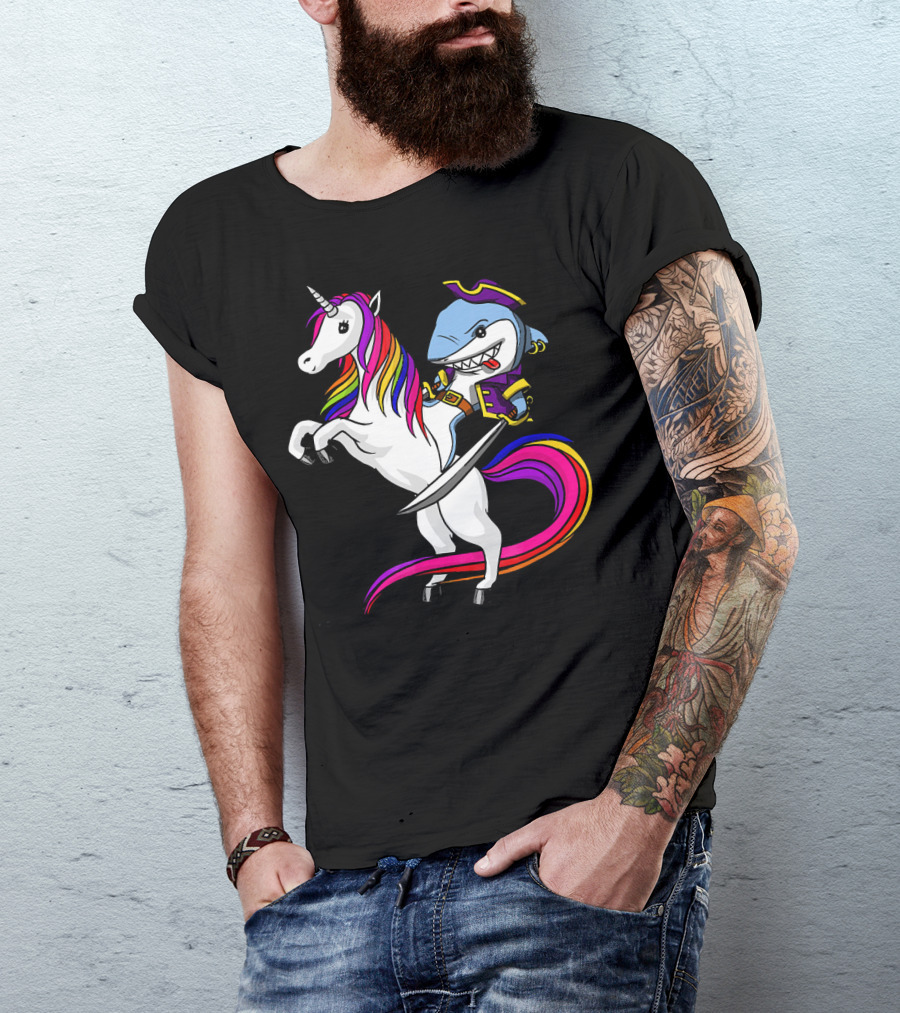 Shark Pirate Riding Rainbow Unicorn Magical Adventure T-Shirt