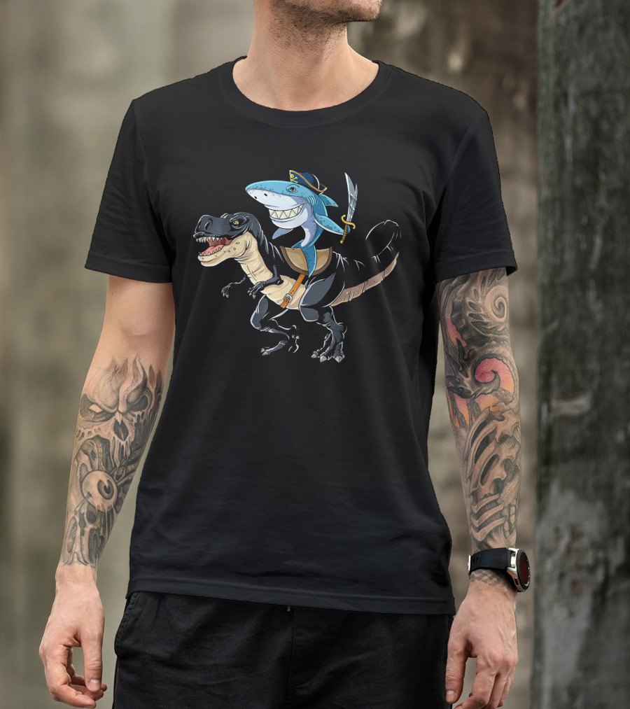 Pirate Shark Riding Dinosaur T-Shirt