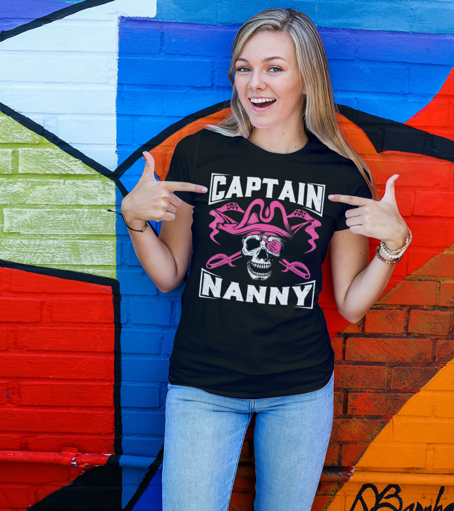 Captain Nanny Skull Pink Pirate Hat Crossed Swords T-Shirt