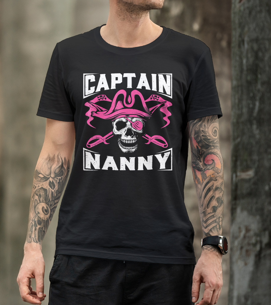 Captain Nanny Skull Pink Pirate Hat Crossed Swords T-Shirt