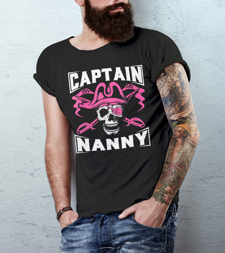Captain Nanny Skull Pink Pirate Hat Crossed Swords T-Shirt