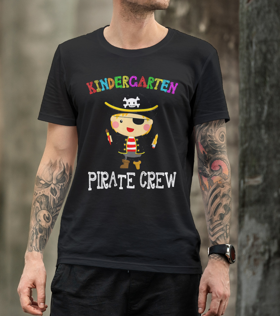 Kindergarten Pirate Crew Sketched Colorful Text With Pirate Boy Holding Crayons T-Shirt