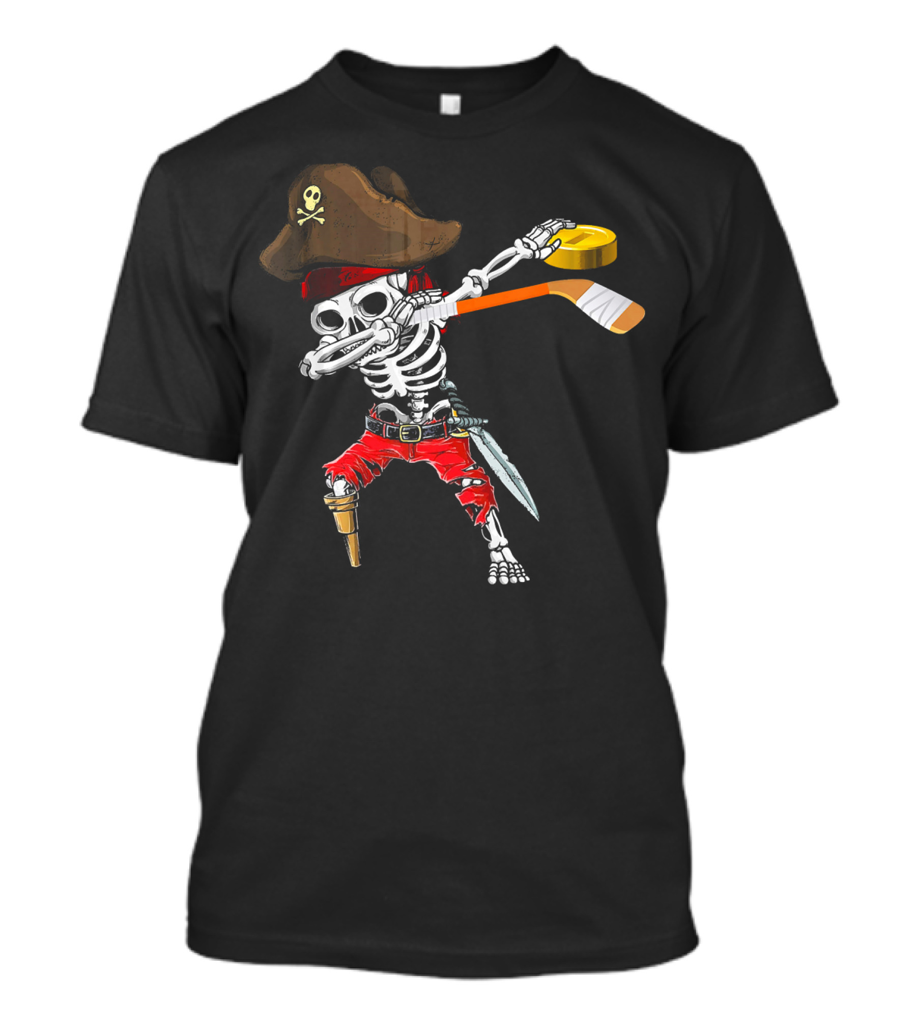 Dabbing Skeleton Jolly Roger Pirate Hockey Stick Ice T-Shirt