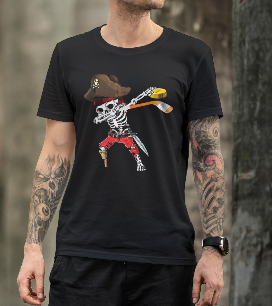 Dabbing Skeleton Jolly Roger Pirate Hockey Stick Ice T-Shirt