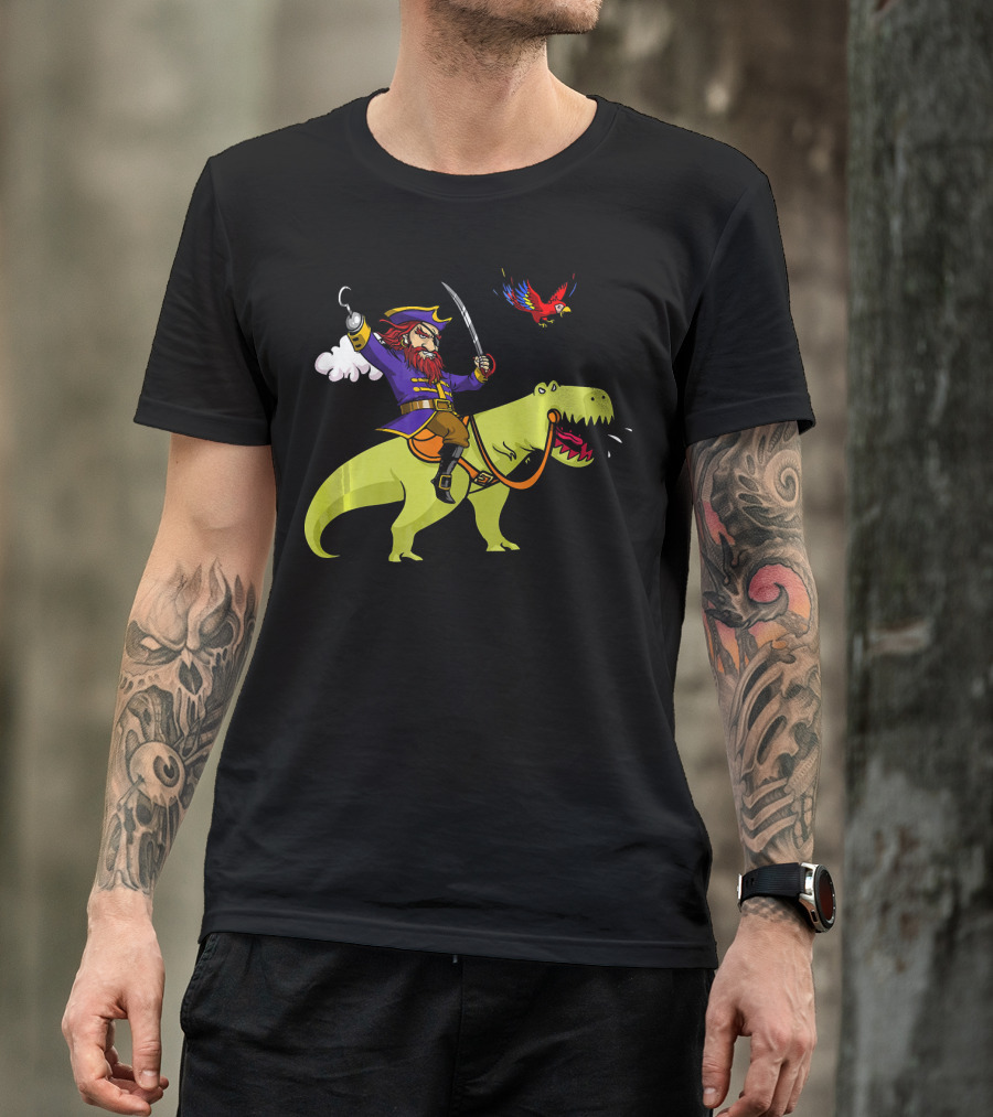 Pirate Sailor Rides T-Rex Dinosaur With Parrot T-Shirt