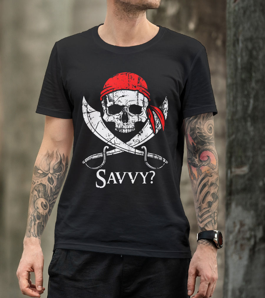 Savvy Pirate Skull And Crossbones With Red Bandana And Swords T-Shirt