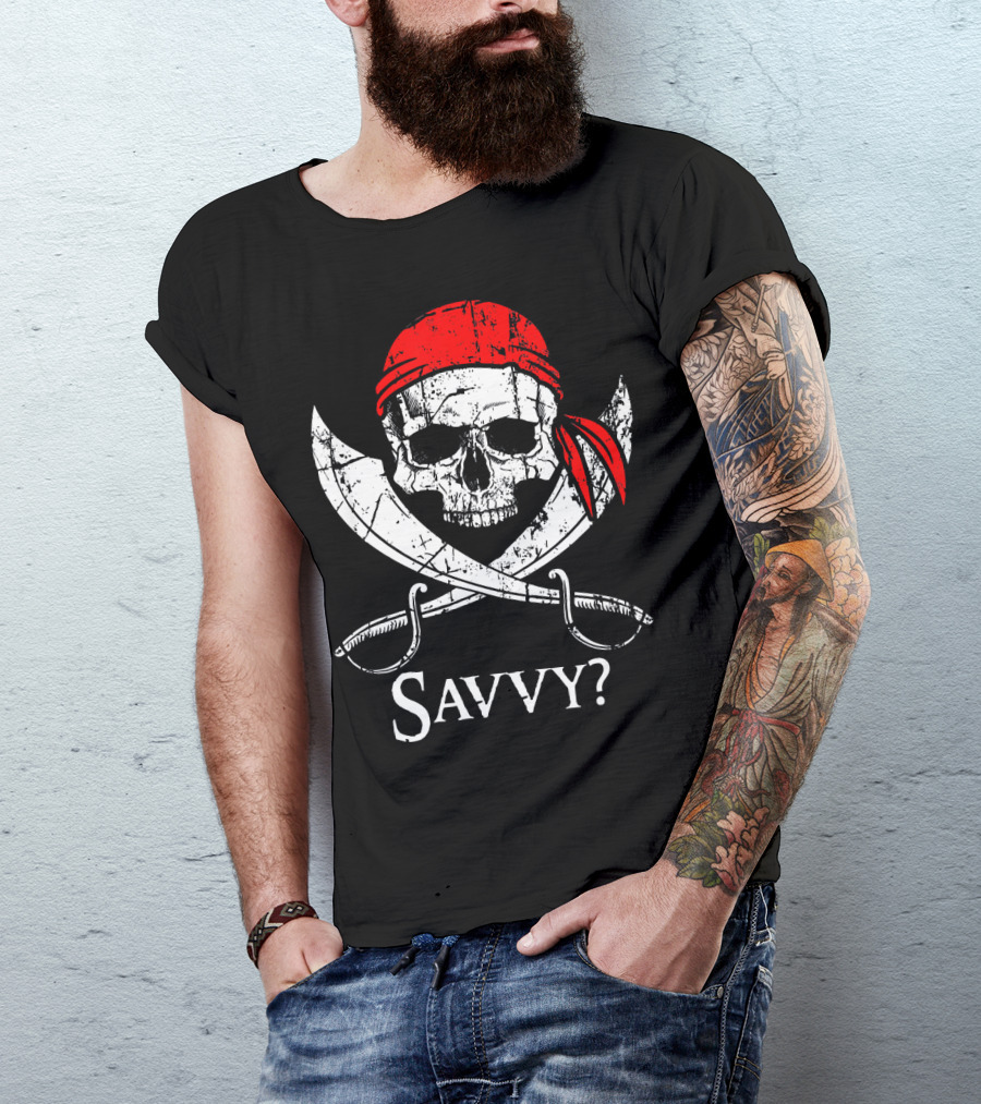 Savvy Pirate Skull And Crossbones With Red Bandana And Swords T-Shirt