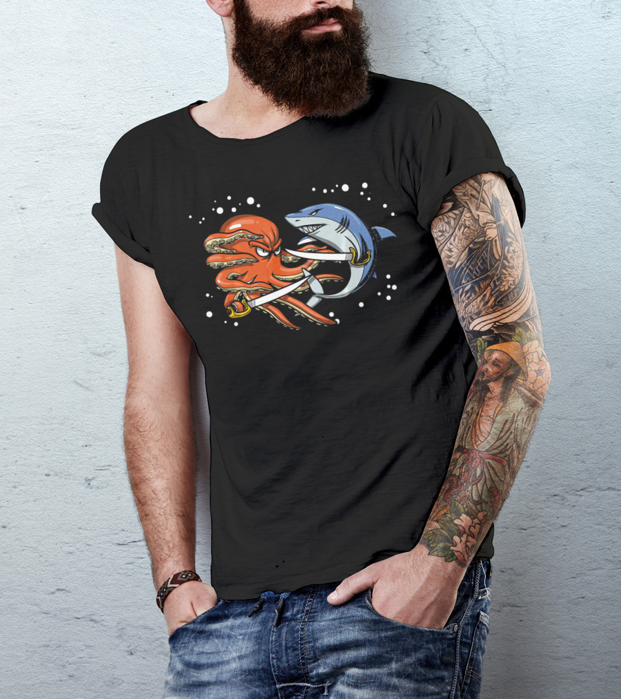 Shark Pirate Vs. Octopus Sailor Captain Sword Battle T-Shirt
