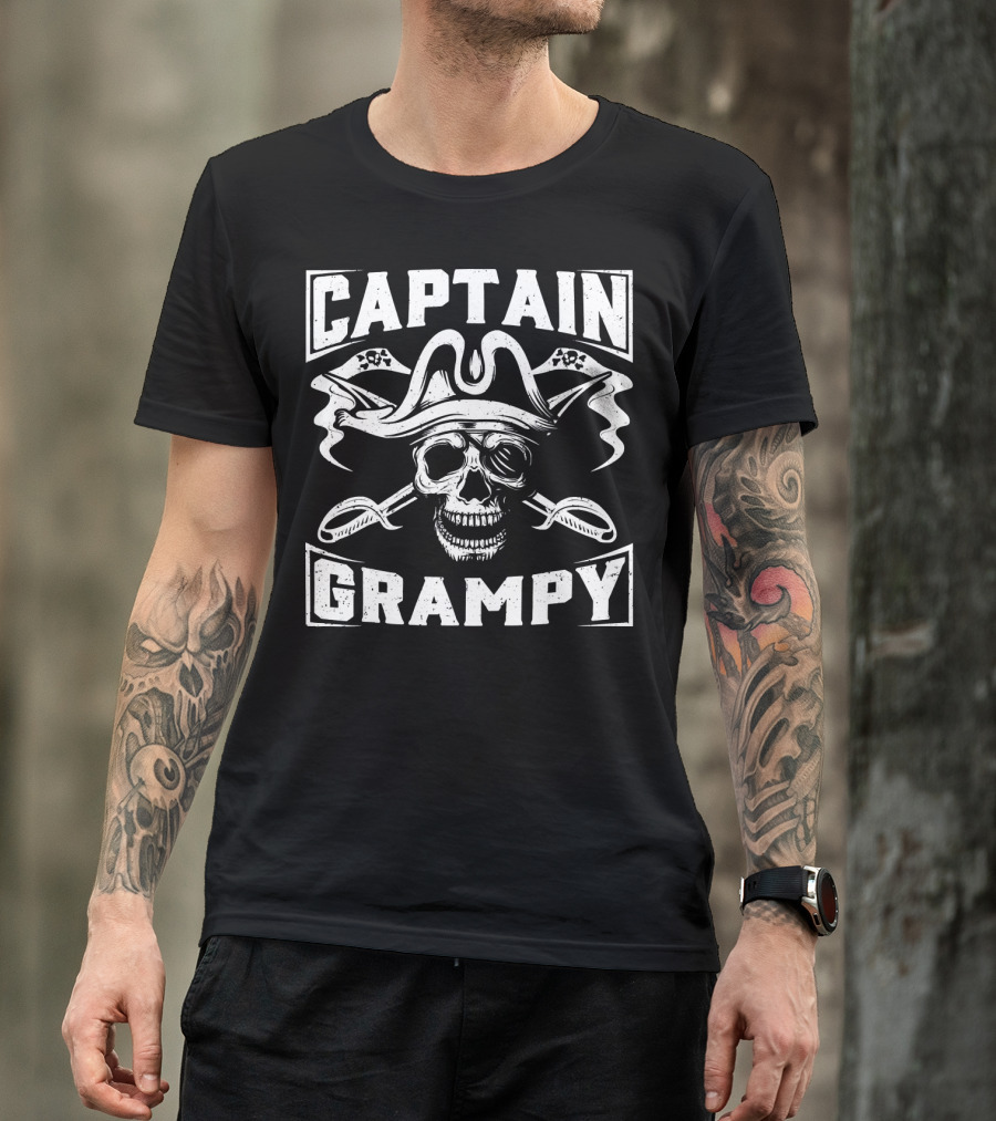 Captain Grampy Pirate Skull And Crossed Swords Motif T-Shirt