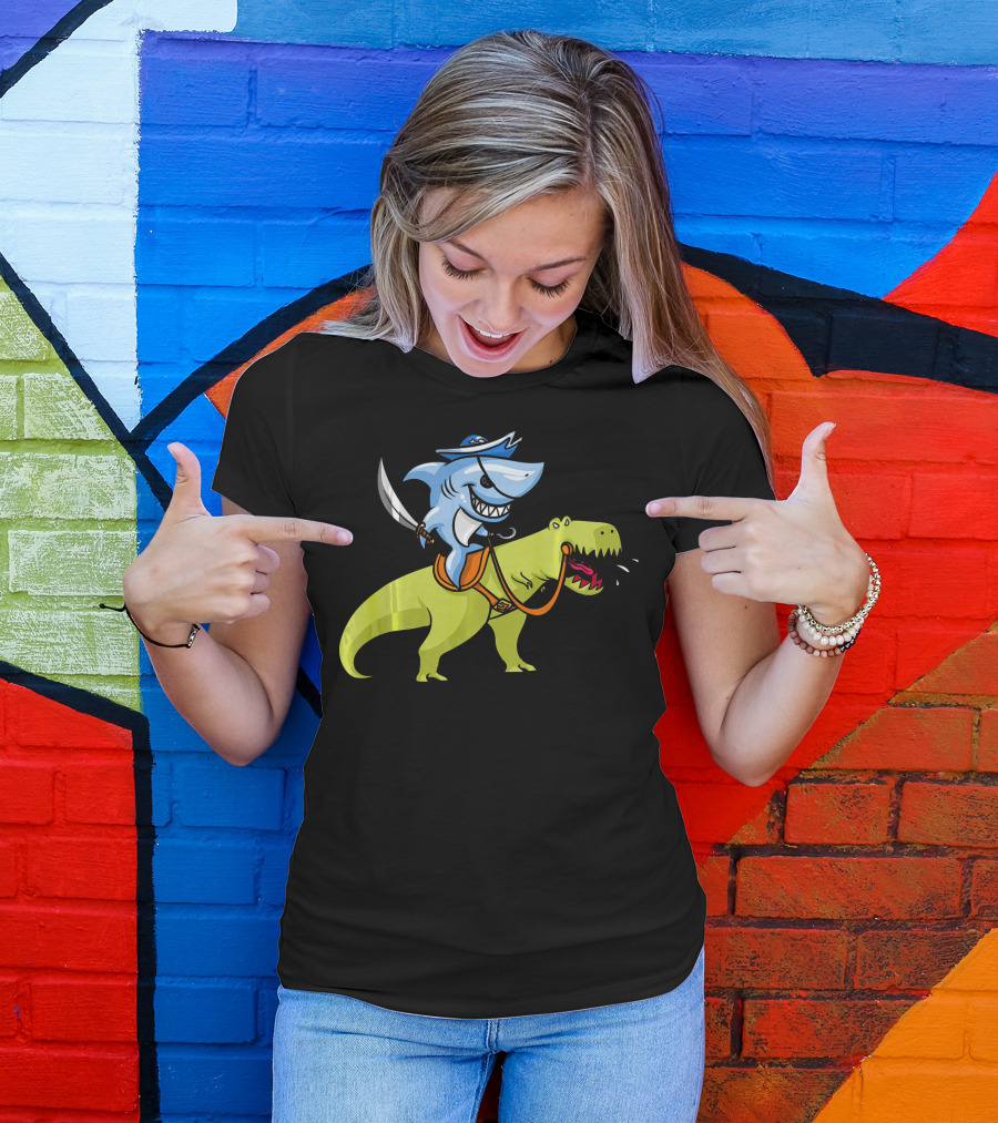 Shark Pirate Riding T-Rex Dinosaur Fun Adventure T-Shirt
