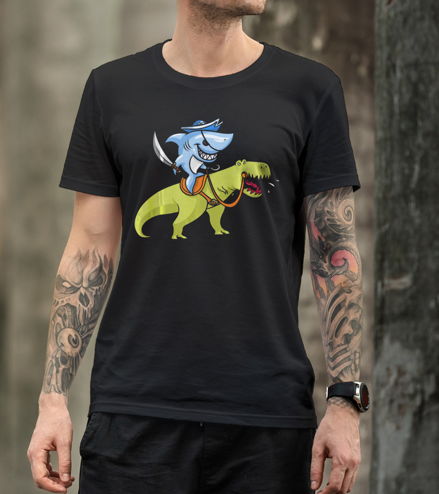 Shark Pirate Riding T-Rex Dinosaur Fun Adventure T-Shirt
