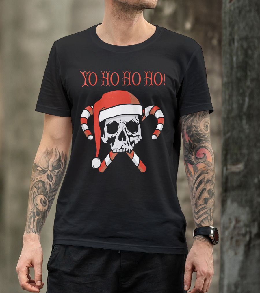 Yo Ho Ho Ho Christmas Pirate Santa Skull With Candy Canes T-Shirt