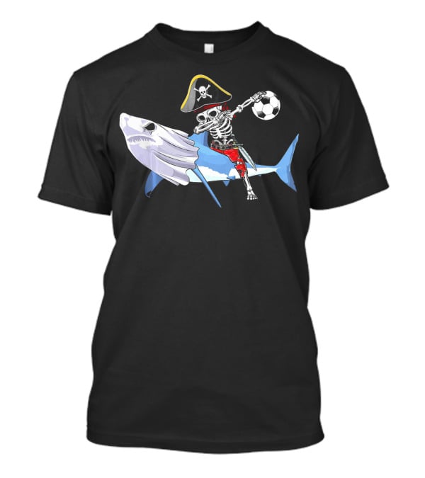 Jolly Roger Pirate Skeleton Dab On Shark Holding Soccer Ball T-Shirt