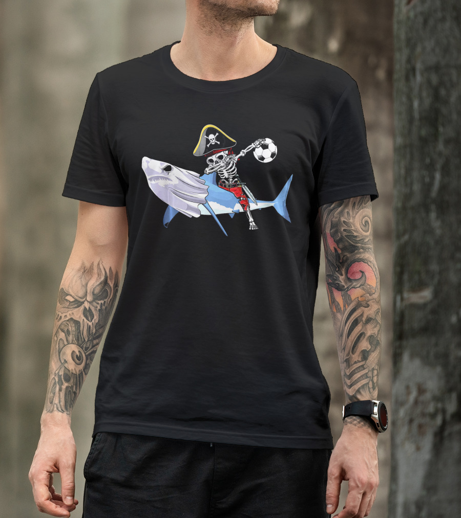 Jolly Roger Pirate Skeleton Dab On Shark Holding Soccer Ball T-Shirt