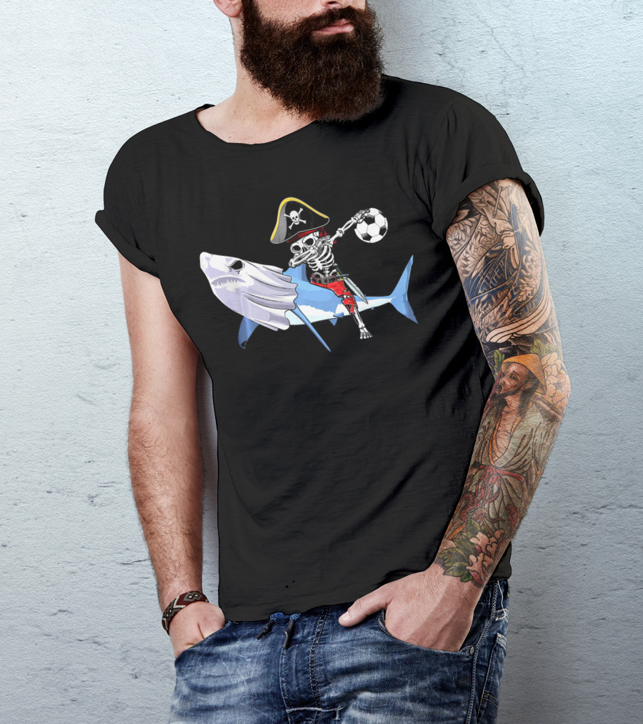 Jolly Roger Pirate Skeleton Dab On Shark Holding Soccer Ball T-Shirt