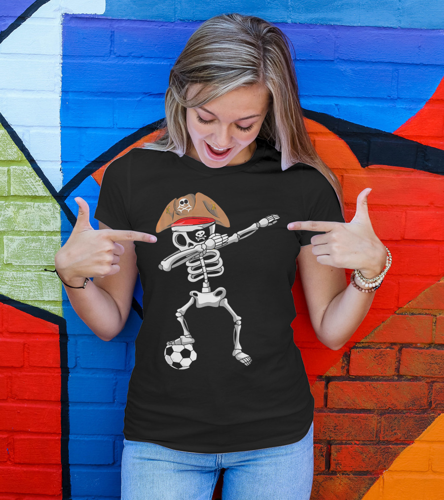 Skull Soccer Pirate Skeleton Dabbing With Eye Patch And Hat T-Shirt