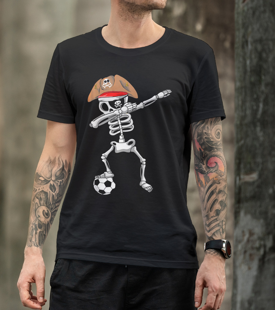 Skull Soccer Pirate Skeleton Dabbing With Eye Patch And Hat T-Shirt