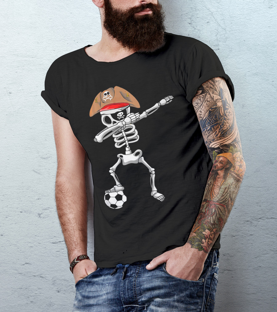 Skull Soccer Pirate Skeleton Dabbing With Eye Patch And Hat T-Shirt