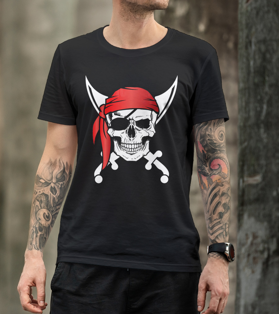 Pirate Skull Red Bandana Crossed Knives Iconic T-Shirt