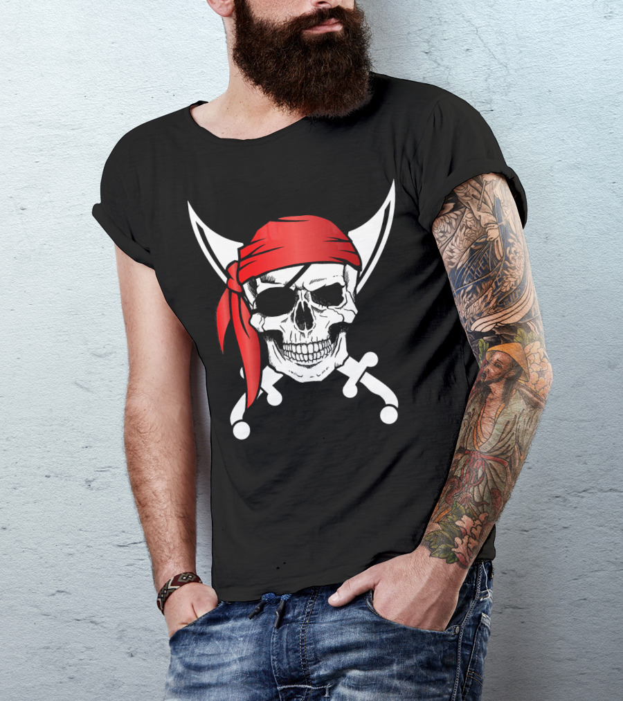 Pirate Skull Red Bandana Crossed Knives Iconic T-Shirt