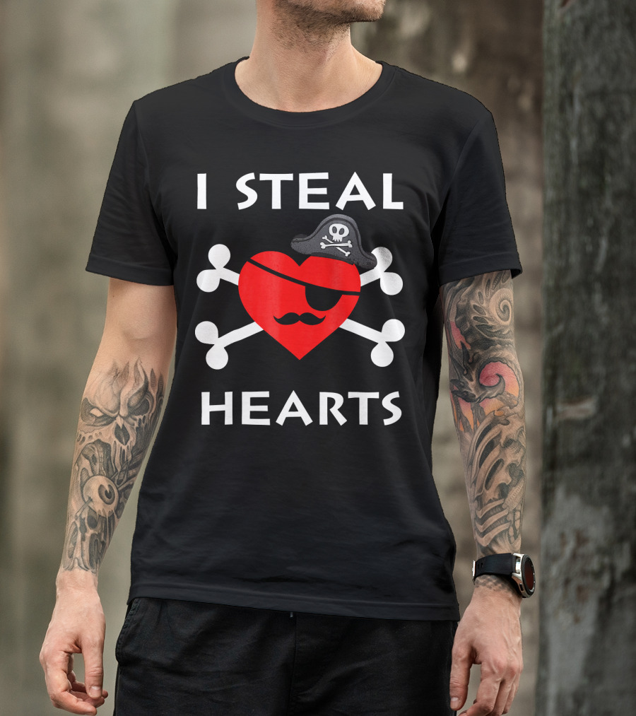 I Steal Hearts Valentine Day Pirate Eyepatch Skull Crossbones T-Shirt