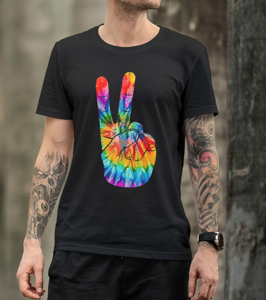 Tie Dye Peace Sign Hand V Victory Love Rainbow T-Shirt