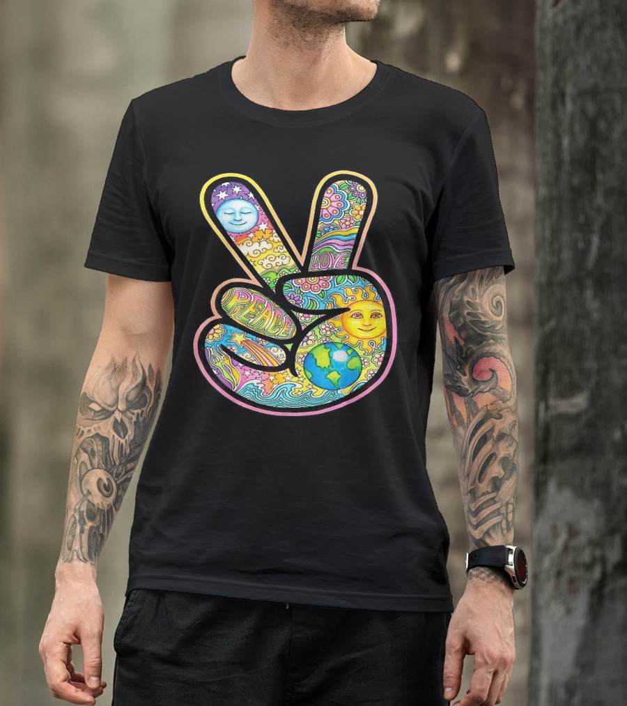 Peace Love Trippy Sun And Moon Psychedelic Earth Groovy Harmony T-Shirt