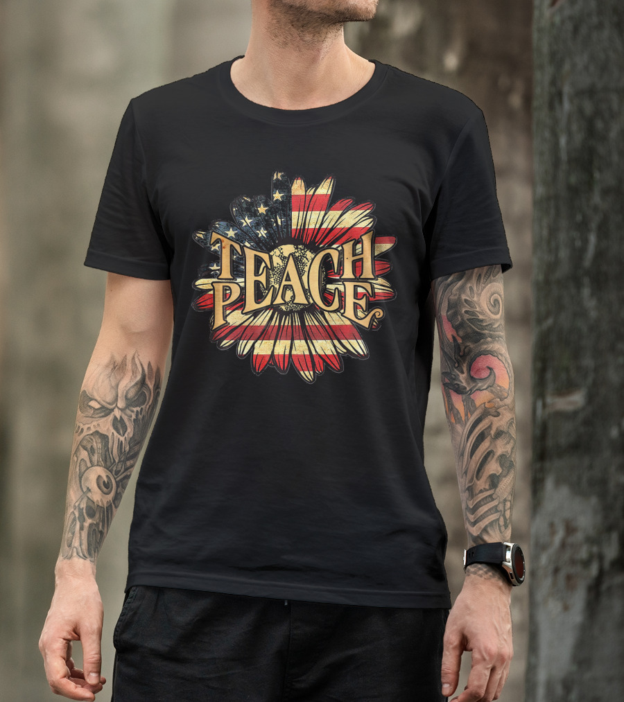 Teach Peace American Flag Flower Blossoms T-Shirt