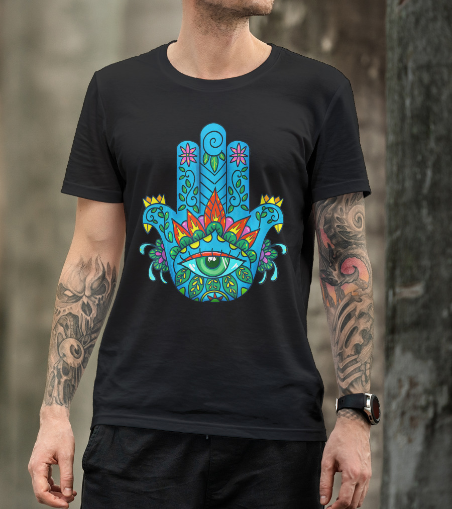 Hamsa Hand Spiritual Protection With Colorful Eye And Floral T-Shirt