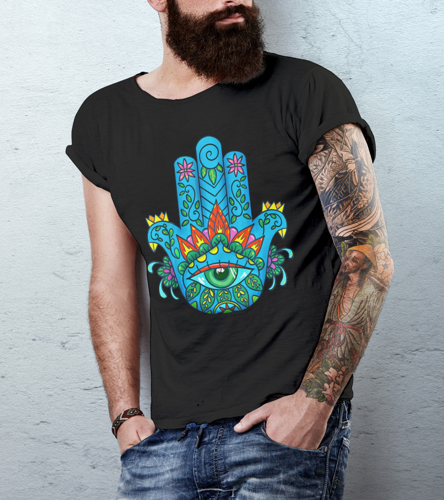 Hamsa Hand Spiritual Protection With Colorful Eye And Floral T-Shirt