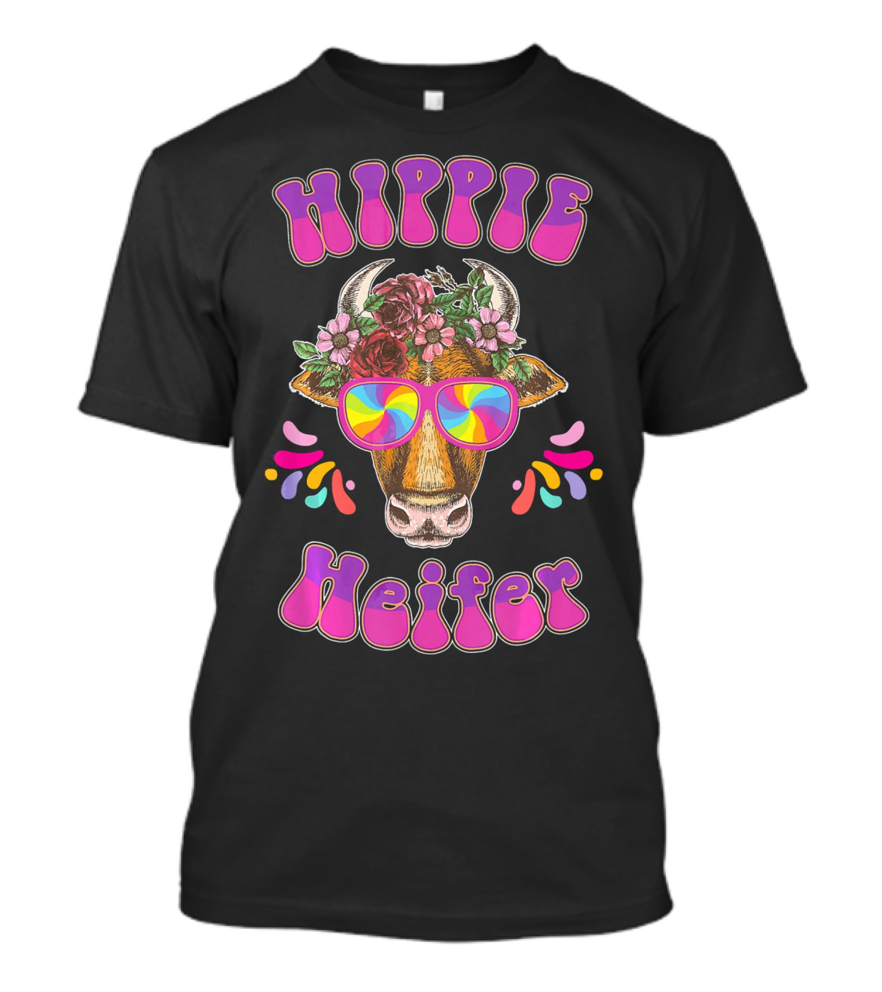 Hippie Heifer Peace Vintage Retro Cow With Floral Crown And Psychedelic Glasses T-Shirt