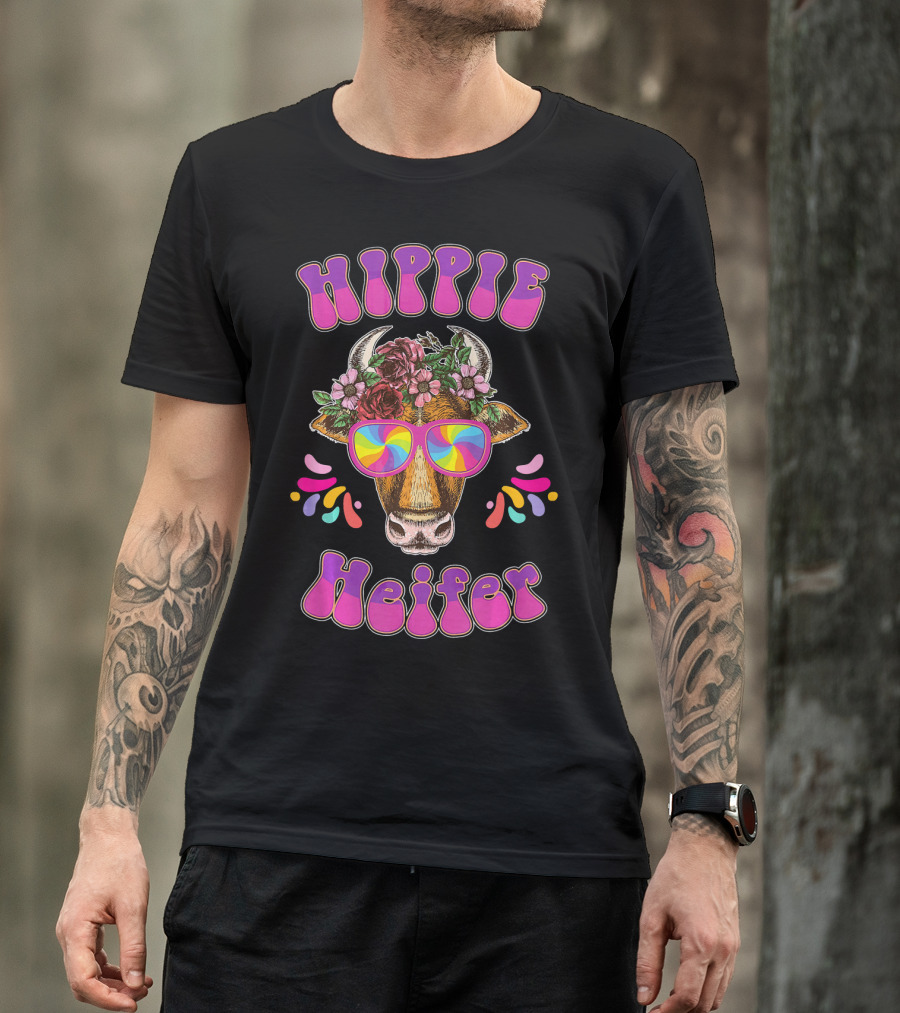 Hippie Heifer Peace Vintage Retro Cow With Floral Crown And Psychedelic Glasses T-Shirt