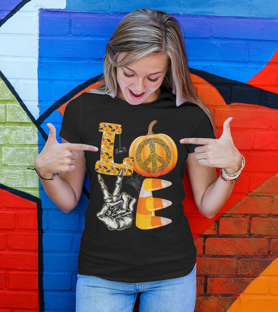 LOVE Halloween Peace Pumpkin Skeleton V Candy Corn T-Shirt