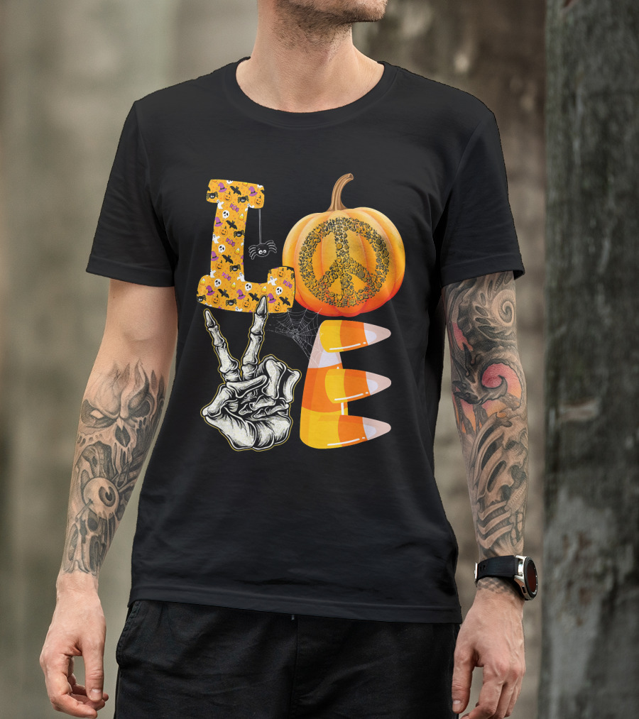 LOVE Halloween Peace Pumpkin Skeleton V Candy Corn T-Shirt