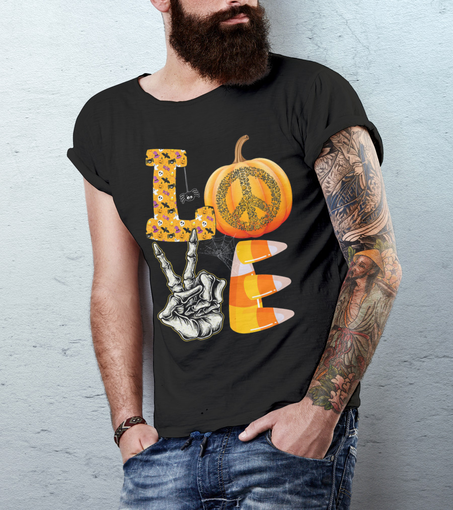 LOVE Halloween Peace Pumpkin Skeleton V Candy Corn T-Shirt
